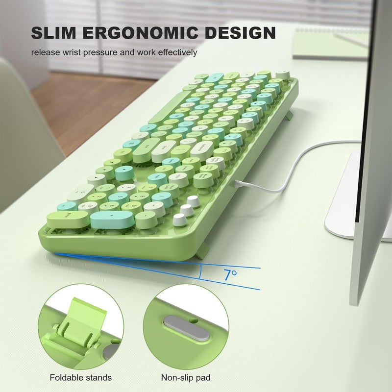 Atelus Computer Keyboard Wired, Typewriter Style, Plug Play USB Keyboard with Large Number Pad, Caps Indicators, Foldable Stands, Full Size Wired Keyboard for Windows PC Laptop (Green Colorful) - Image 4